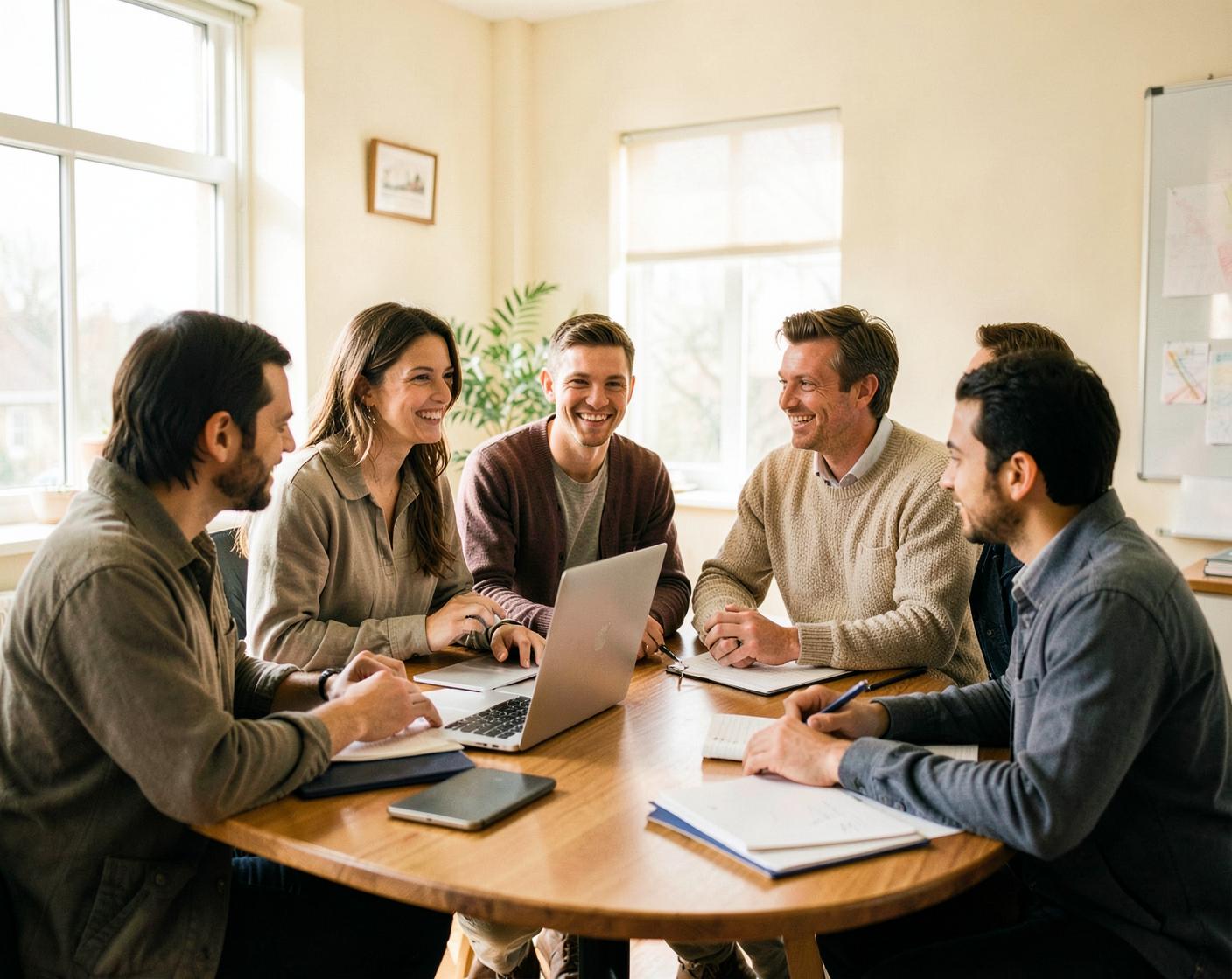 Members of the Beacon team talking around a table in a bright workspace